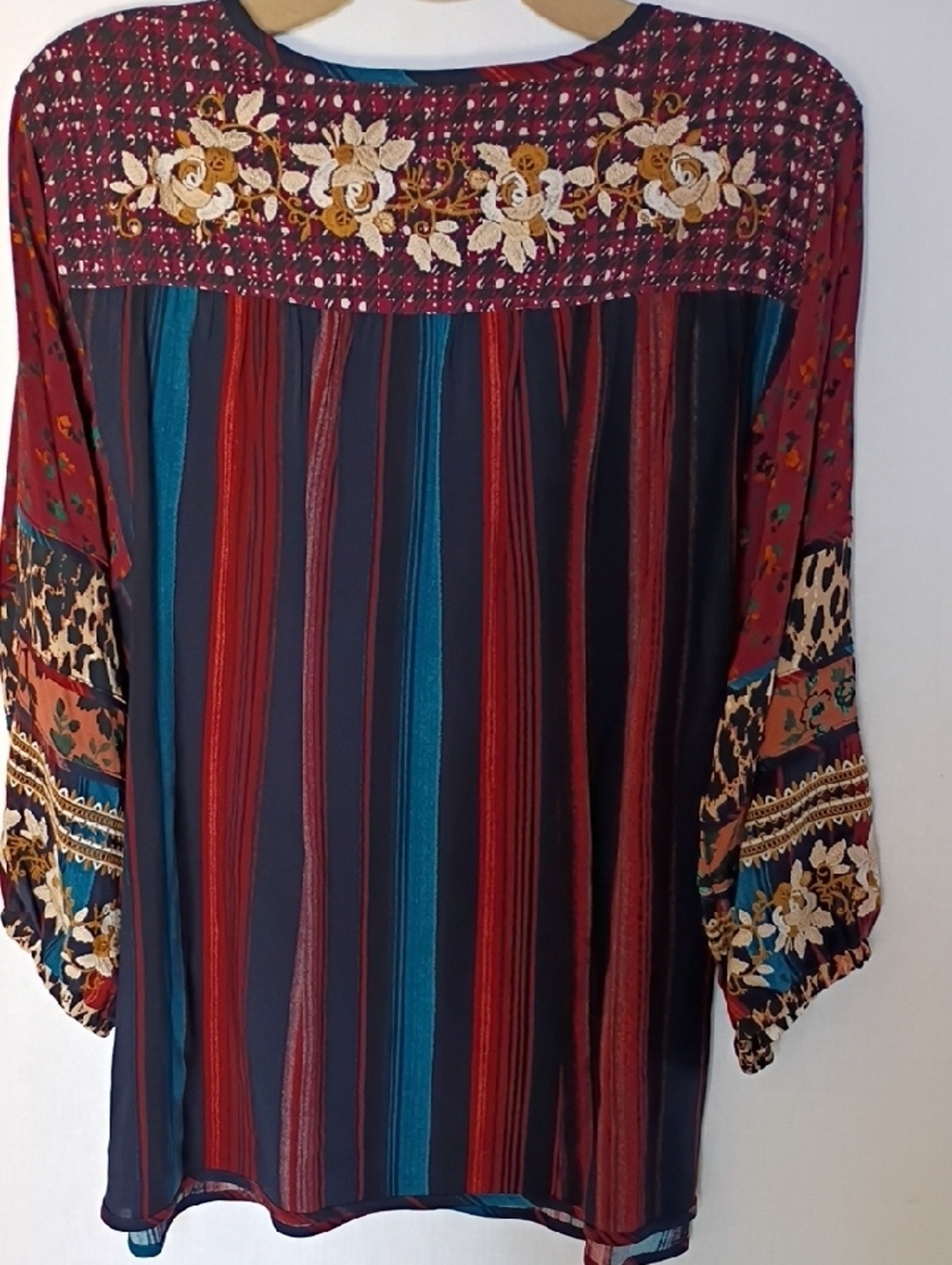 John Mark Embroidered Striped Boho Tunic in Red, Navy & Teal Size XL - Picture 6 of 13